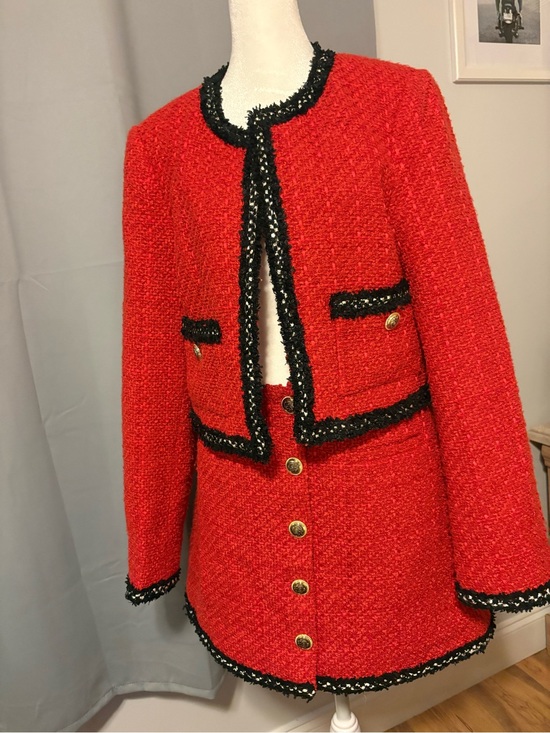 Astr Other - Astr Red Bouclé Tweed Jacket and Skirt Set with Black Trim